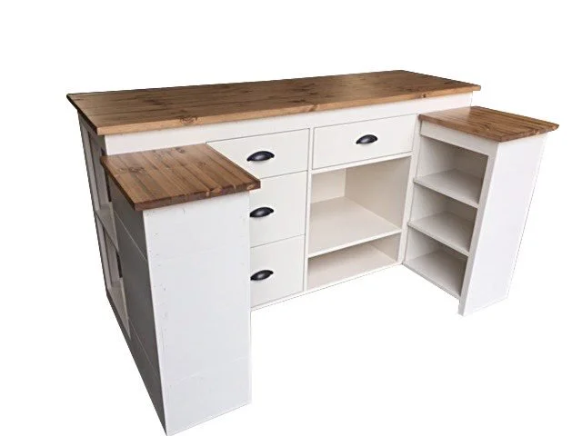 Weathered wood U-shaped cash wrap with drawers and shelves