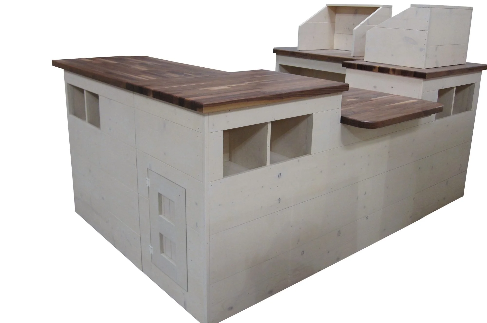 White U-shaped cash wrap with butcher block tops and register shields