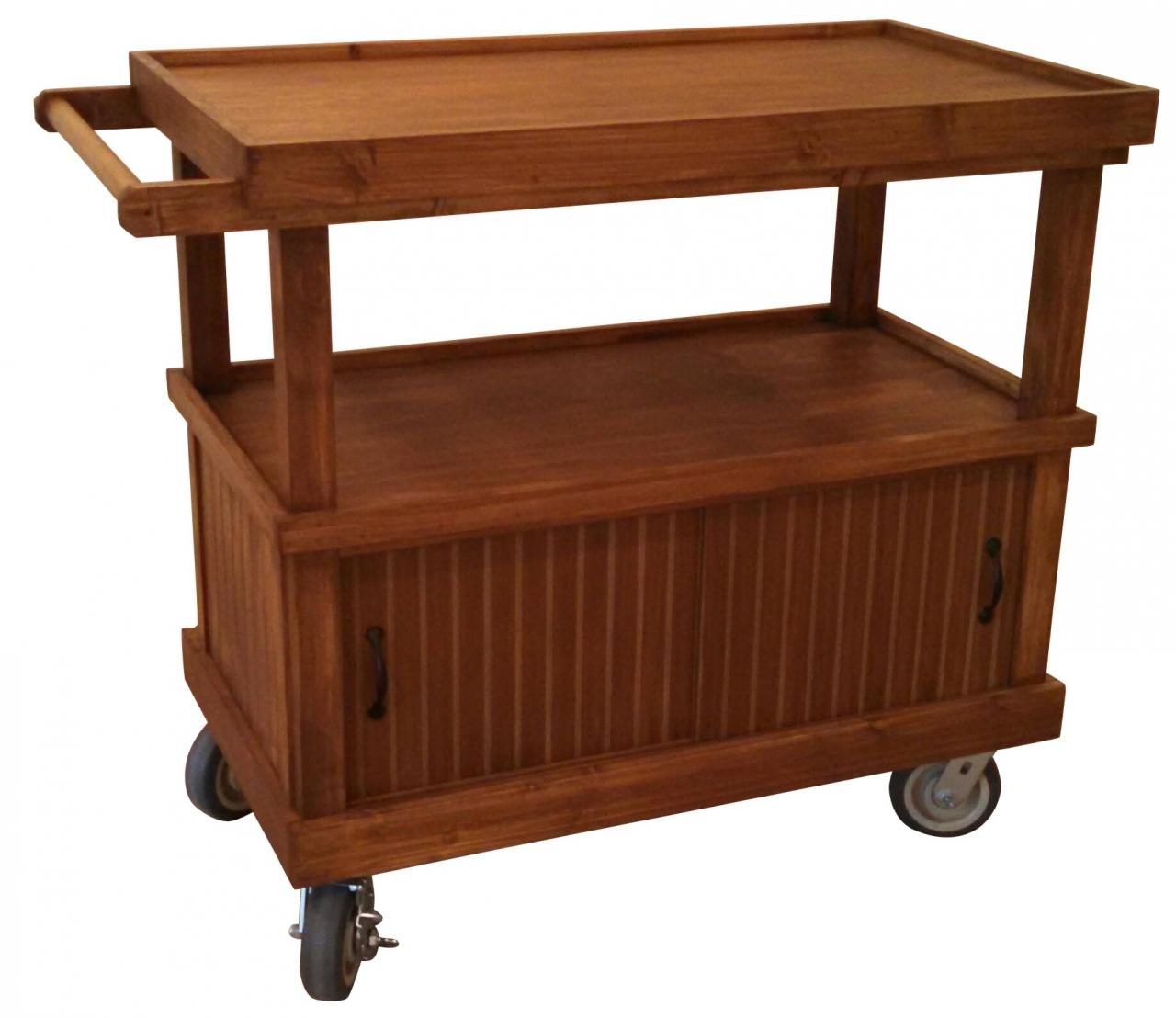 Stained two-tier rolling cart with tray top and cabinet base