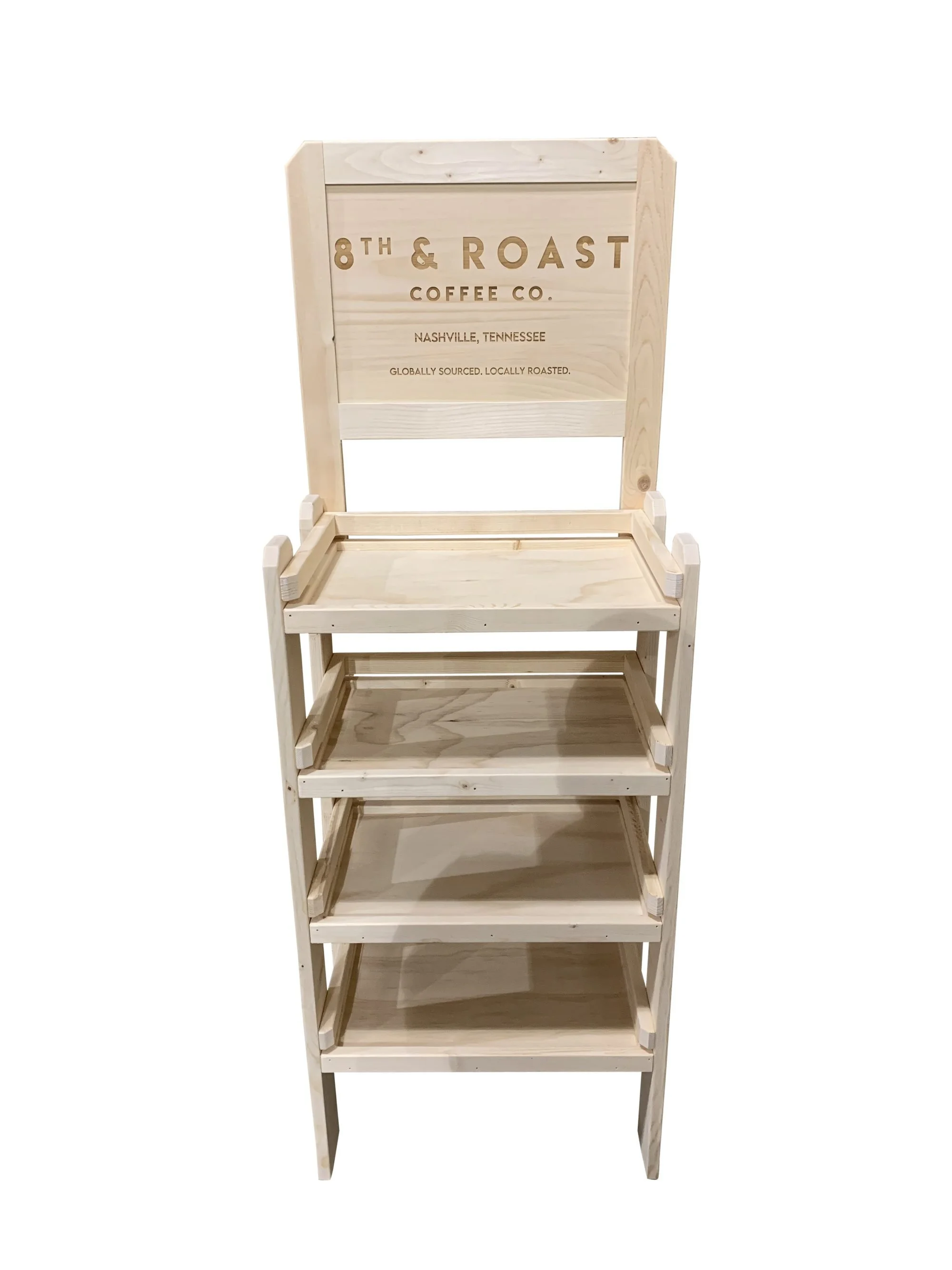 Pine four-shelf floor display with etched header sign