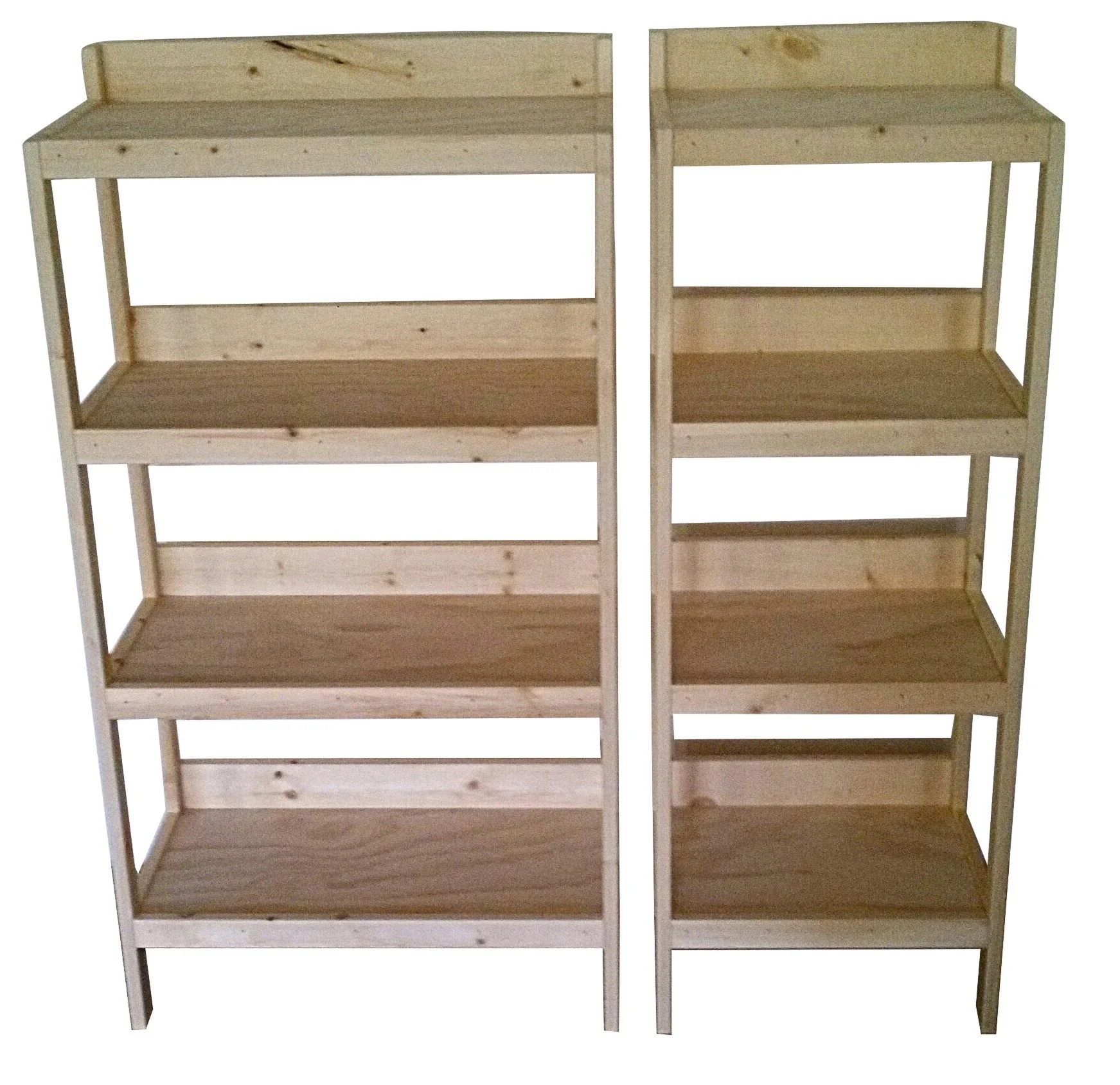 Two pine open-shelf grocery floor displays