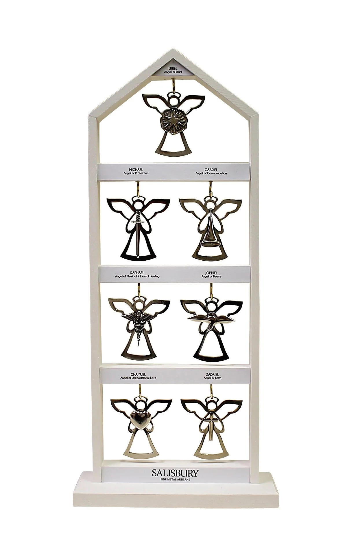 White hanging display for angel ornaments