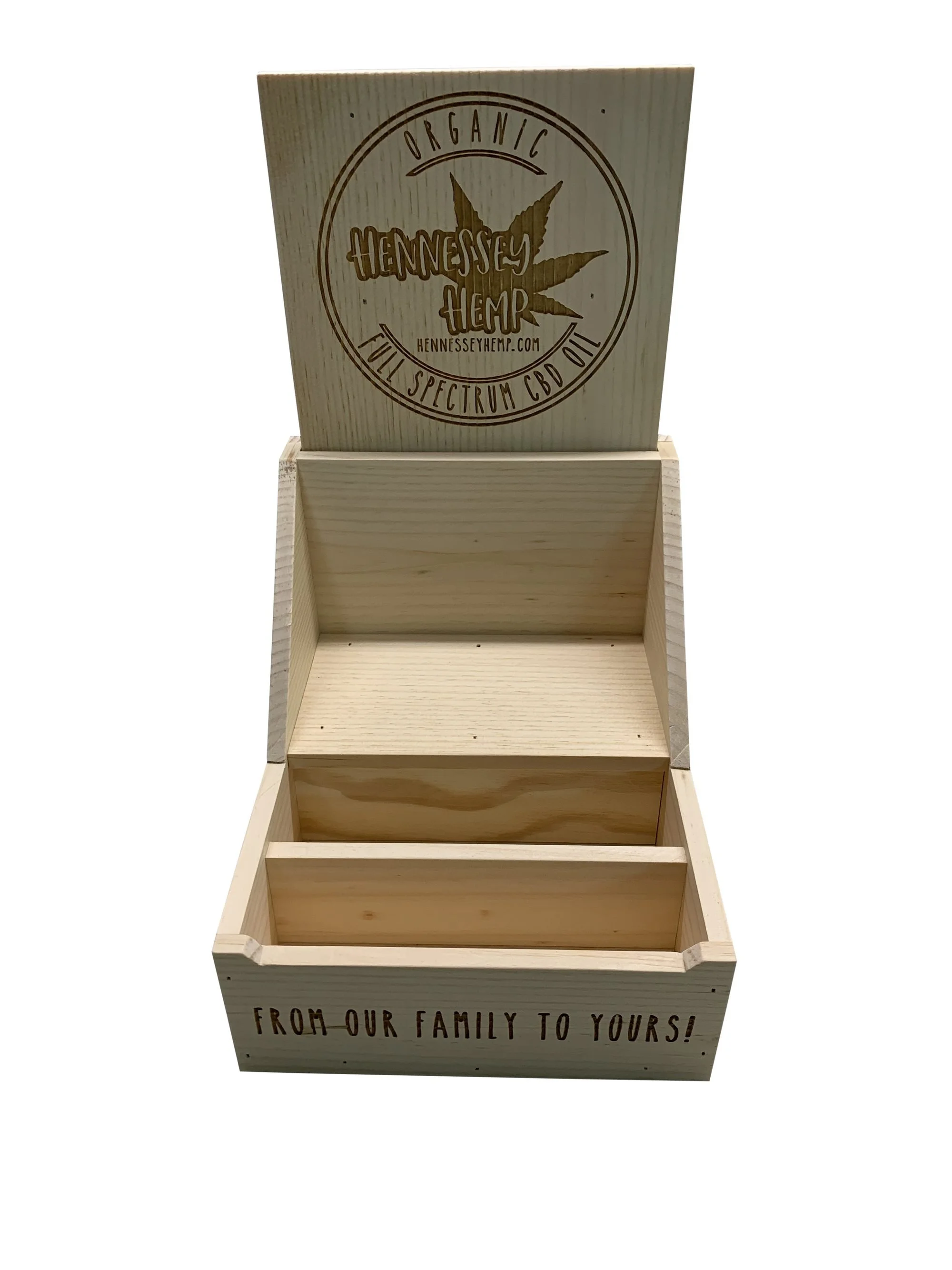Pine countertop shelf display with etched header