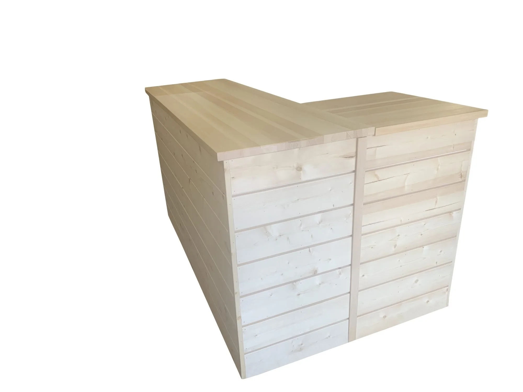 Antique white L-shaped sales counter with shiplap