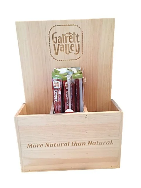 Pine countertop display for beef sticks with etched back