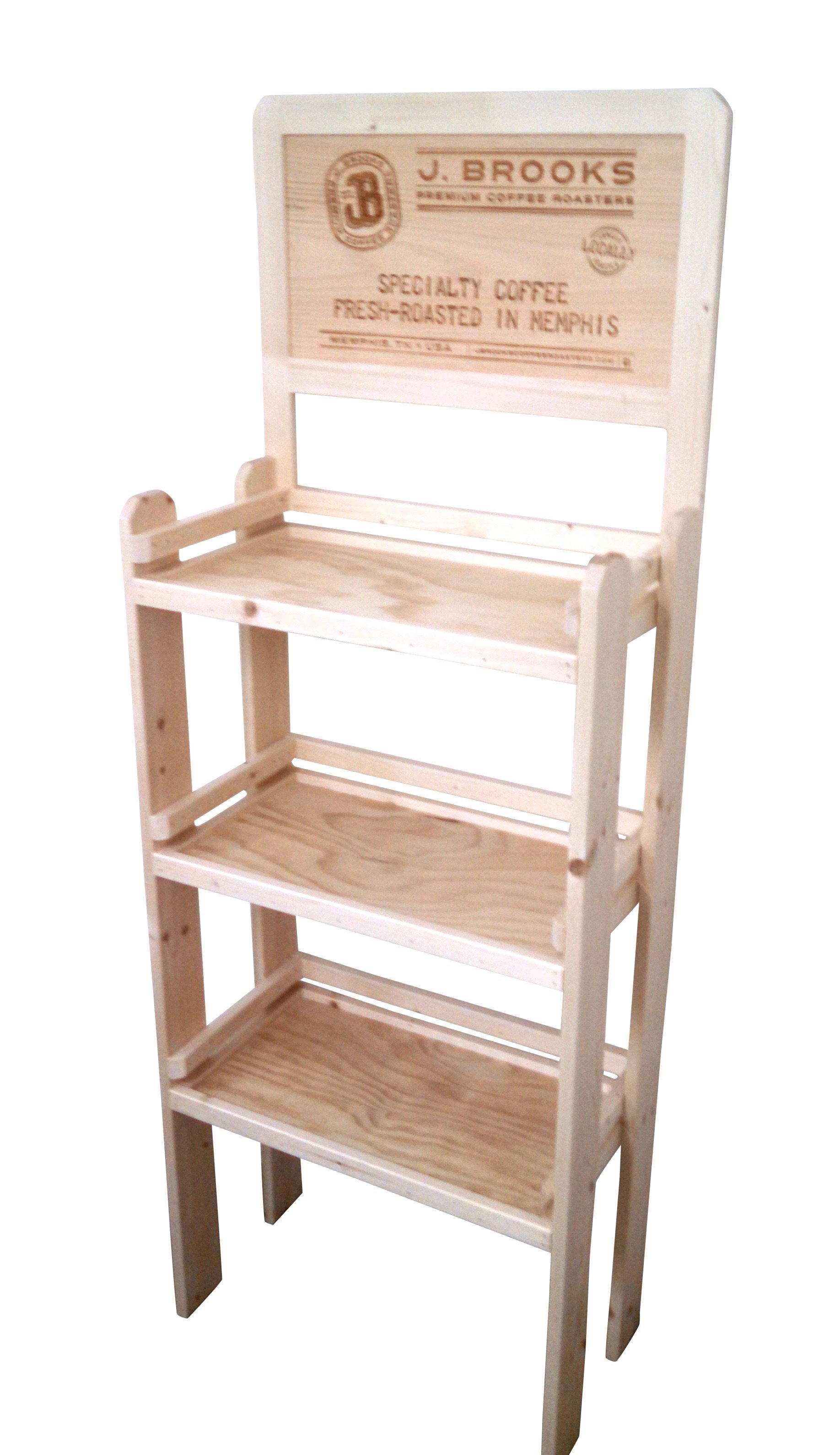 Pine three-shelf coffee merchandiser with etched header