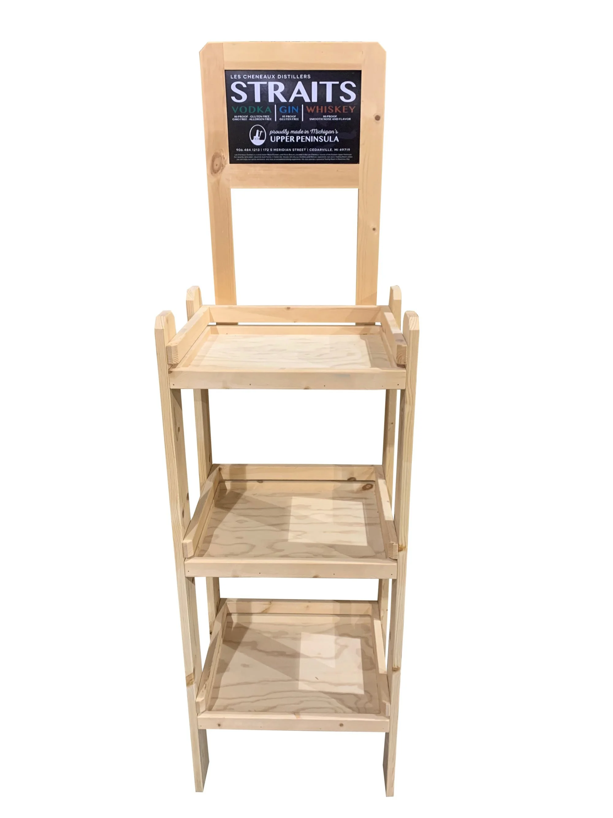 Pine three-shelf floor display with removable header sign