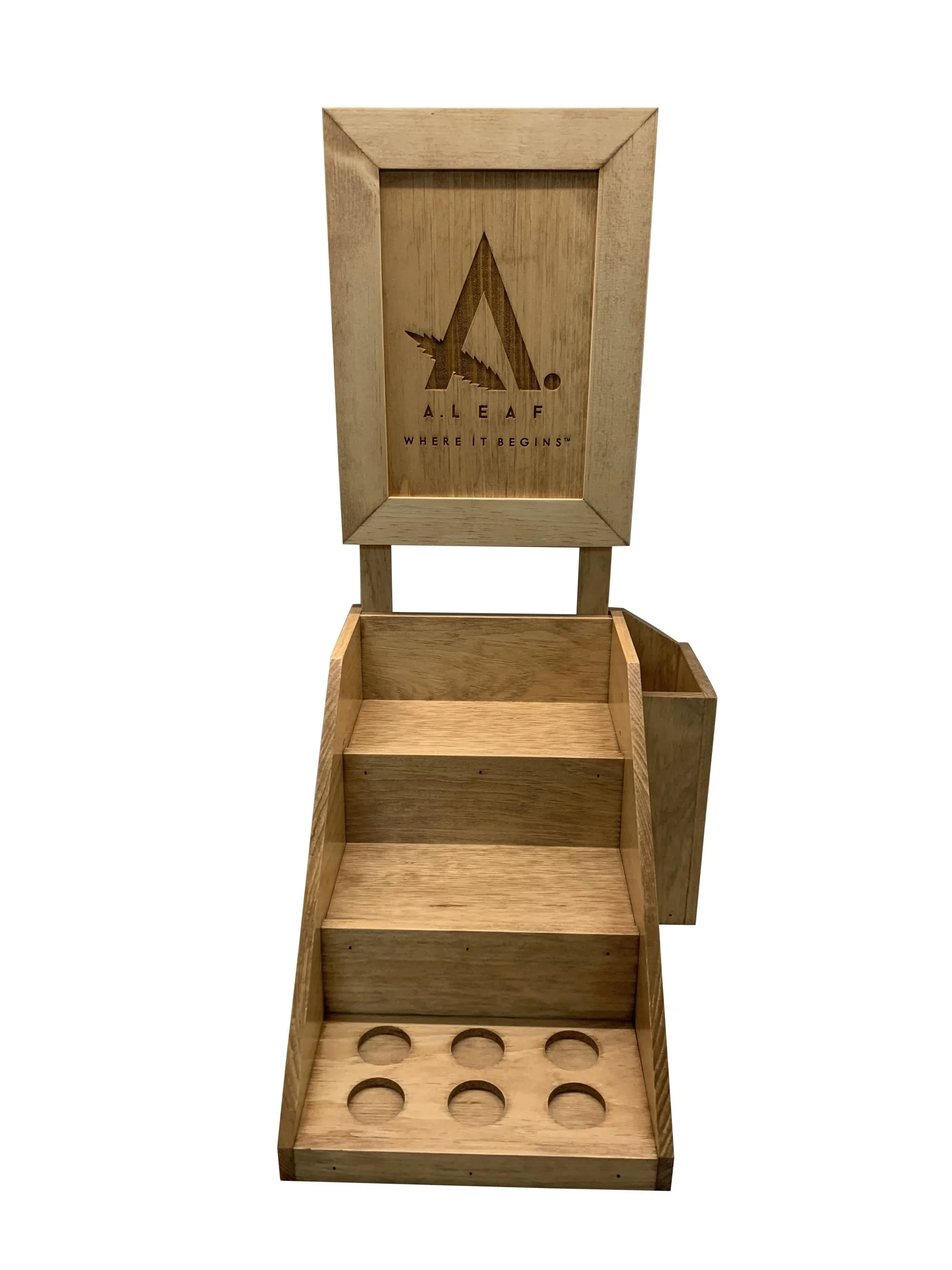 Three-tier stained bottle display with etched header and routed holes