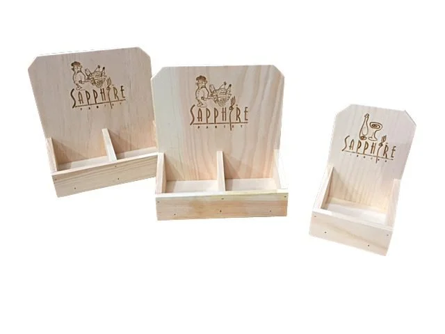 Small pine countertop card displays with etched header