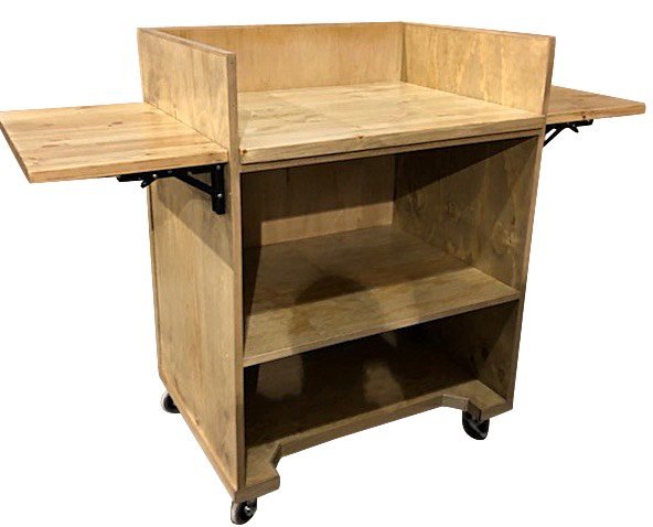 Rolling checkout counter with fold-down wings and open shelves