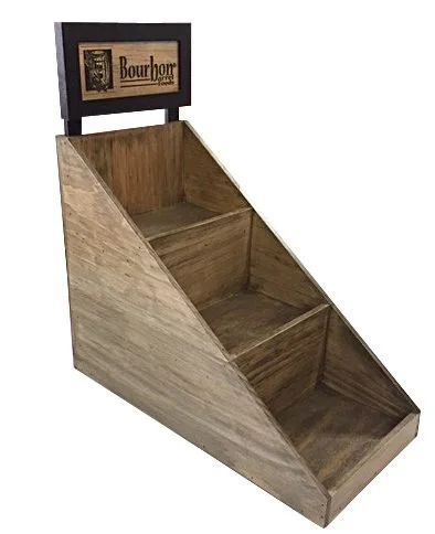 Three-bin angled stained countertop display with header sign
