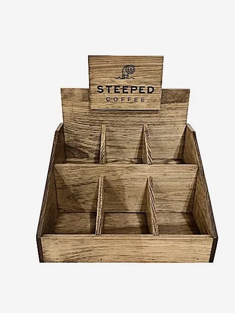 Stained compartment countertop display with header sign