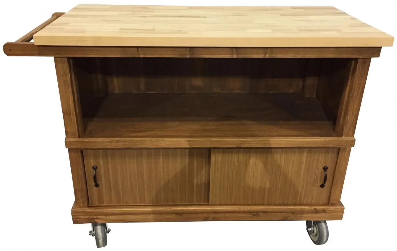 Rolling counter with butcher block top and sliding cabinet doors