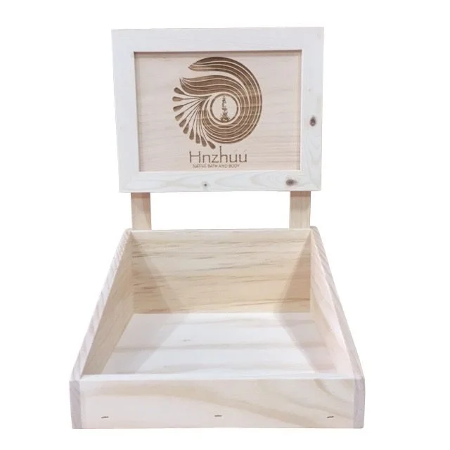 Pine tray-style countertop display with laser-etched header