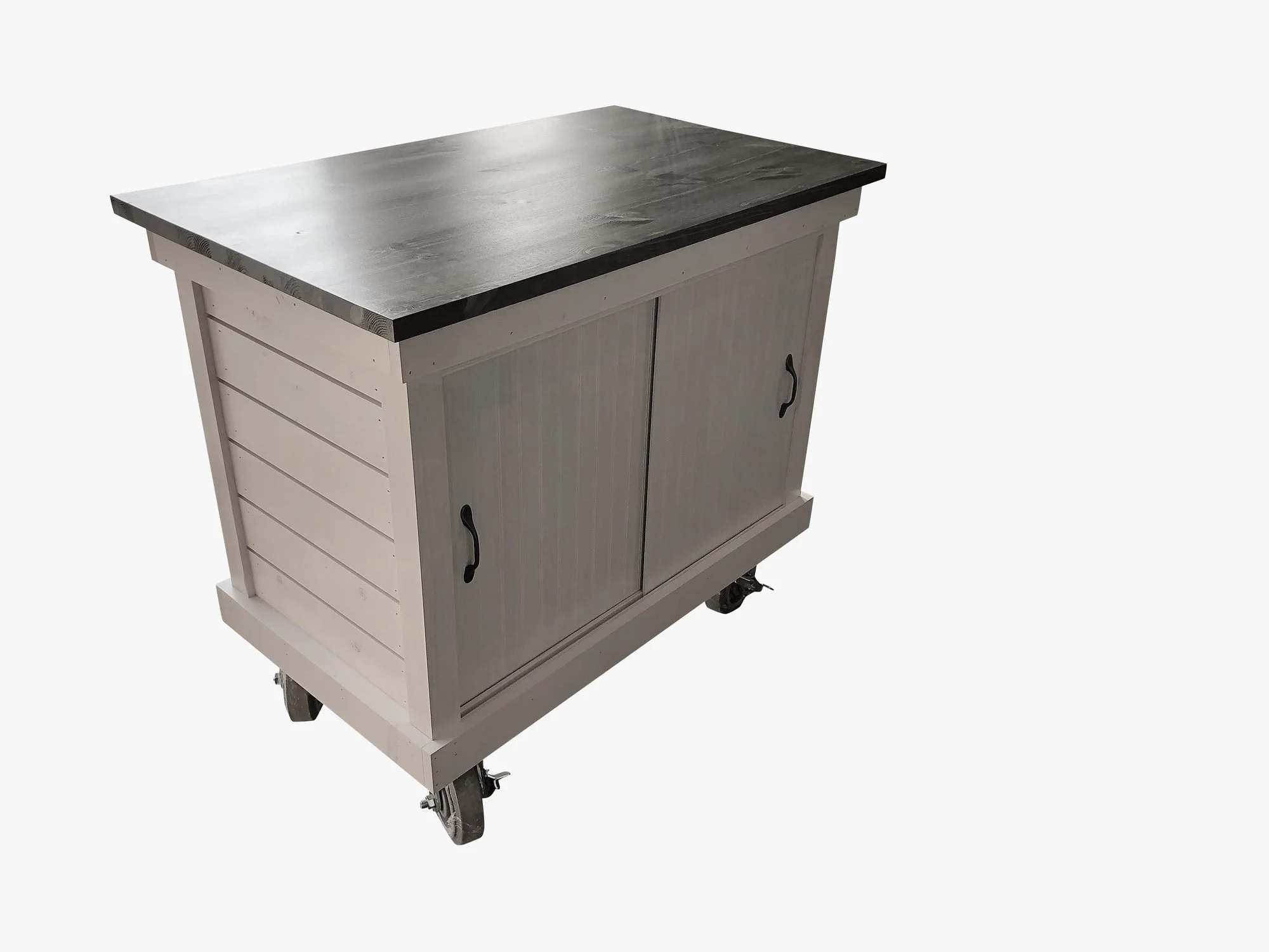 Rolling cabinet counter with white shiplap and sliding doors