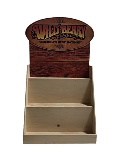 Tiered pine countertop merchandiser with printed header