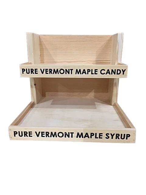 Two-shelf pine countertop display with etched shelf fronts