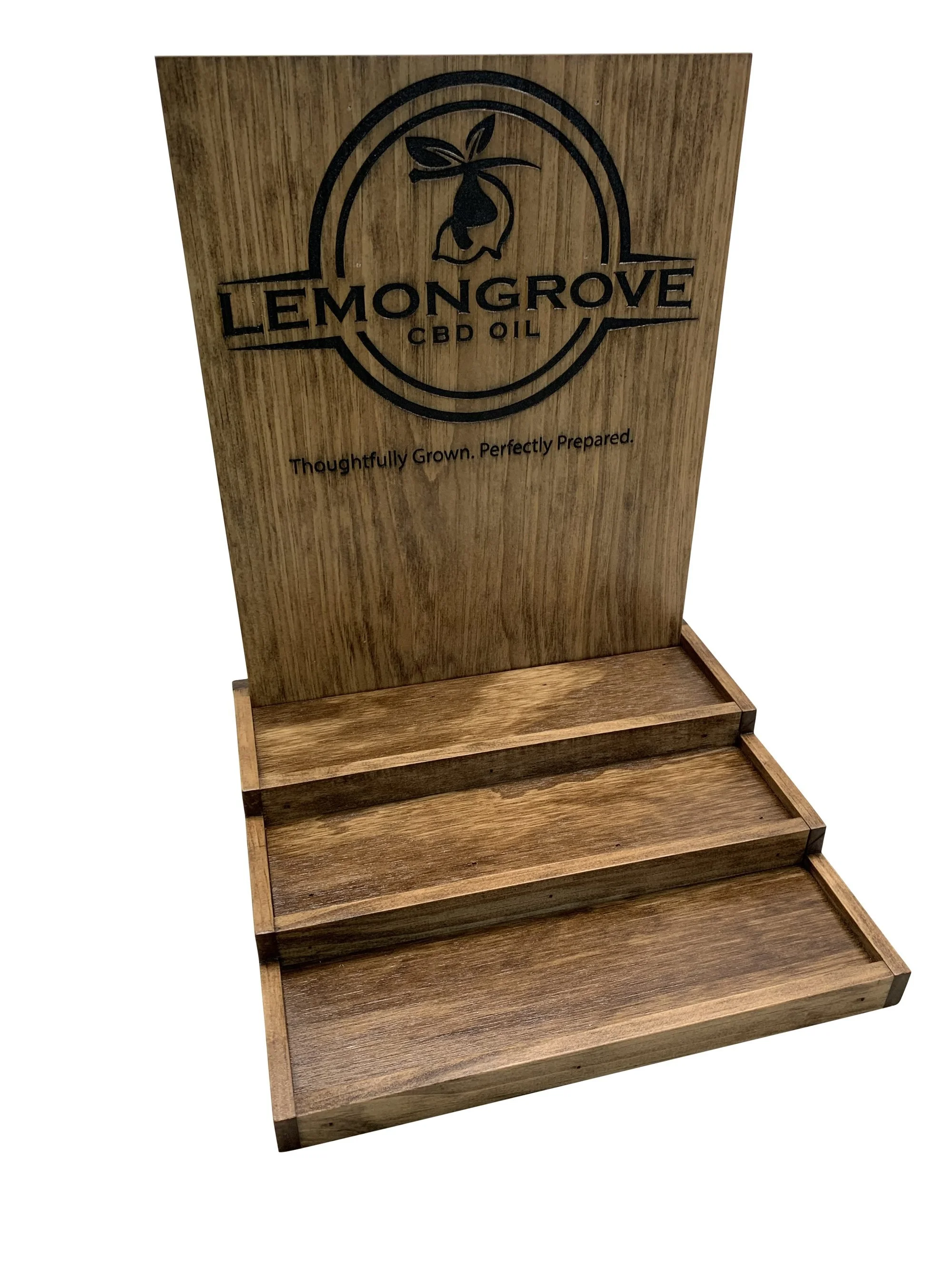 Stained three-tier countertop display with laser-etched header