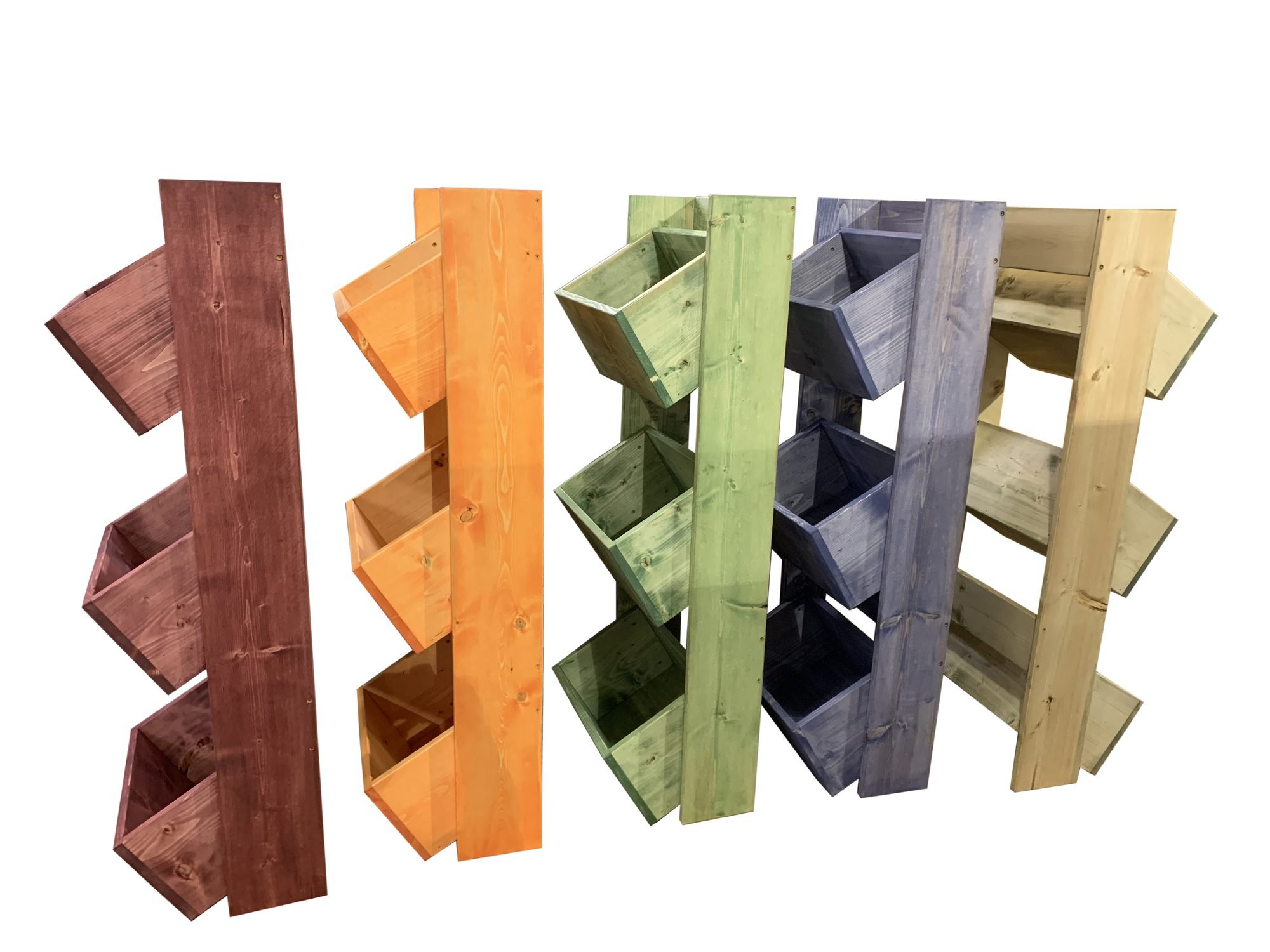 Angled dump-bin displays in painted color finishes