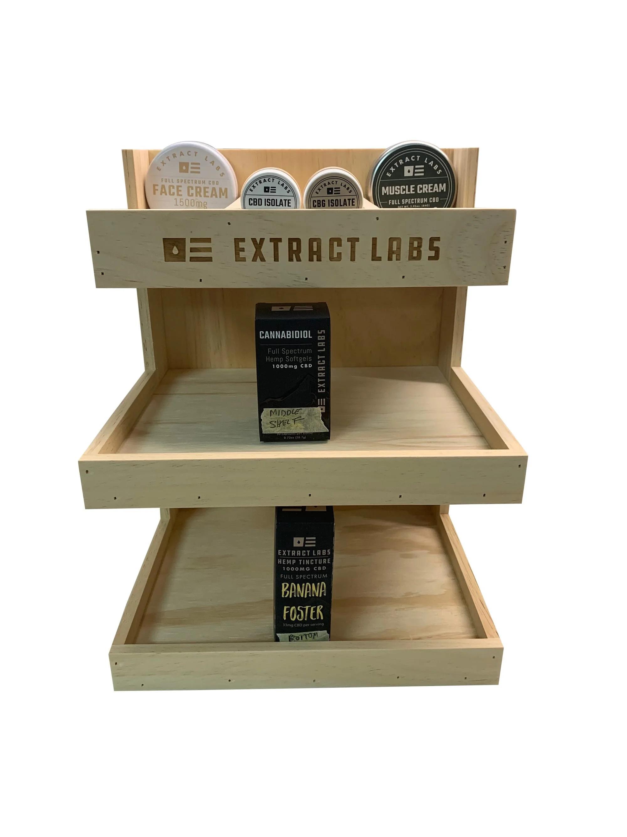 Two-shelf pine display for tins with etched header