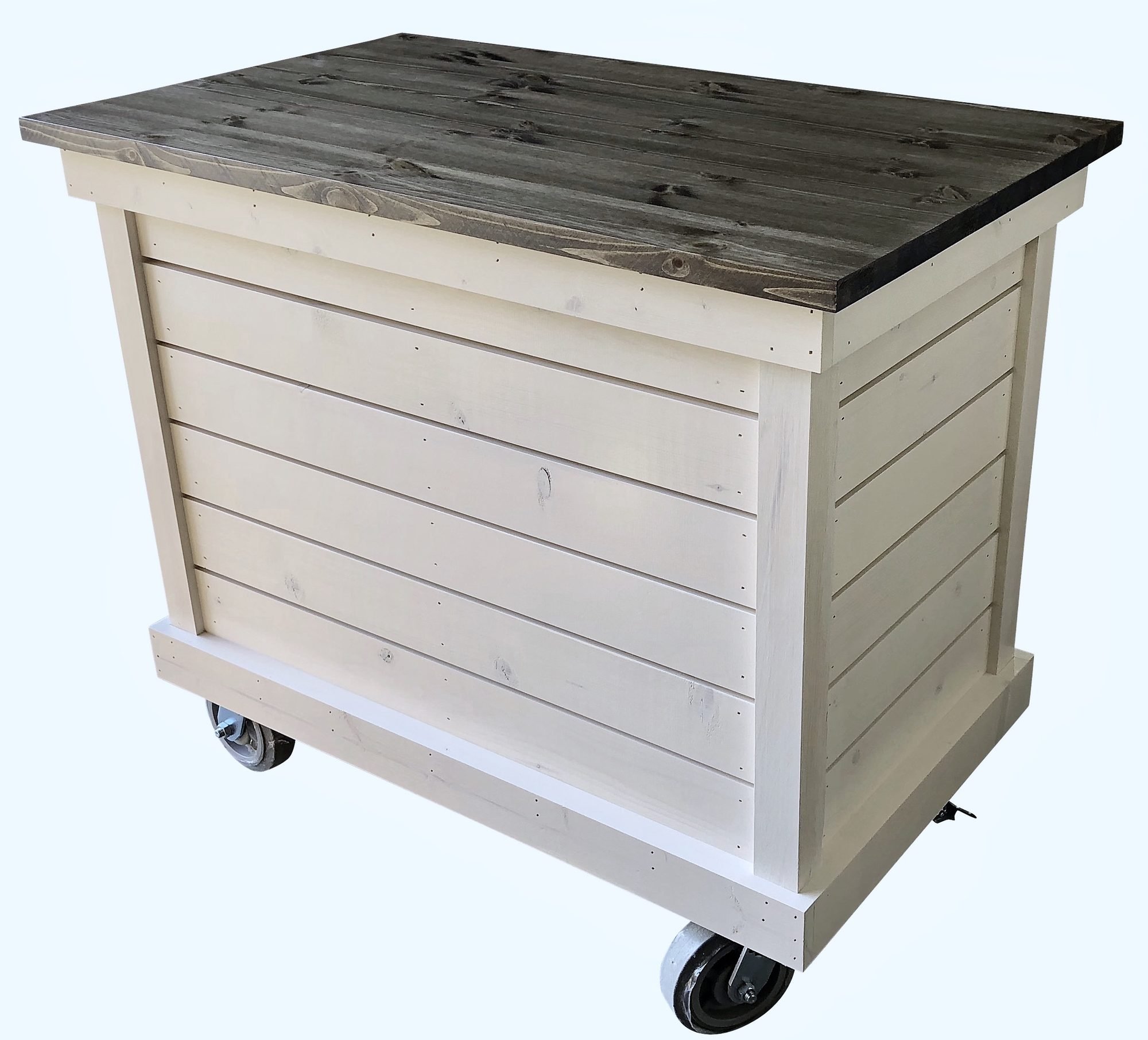 Rolling checkout counter with white shiplap and dark top