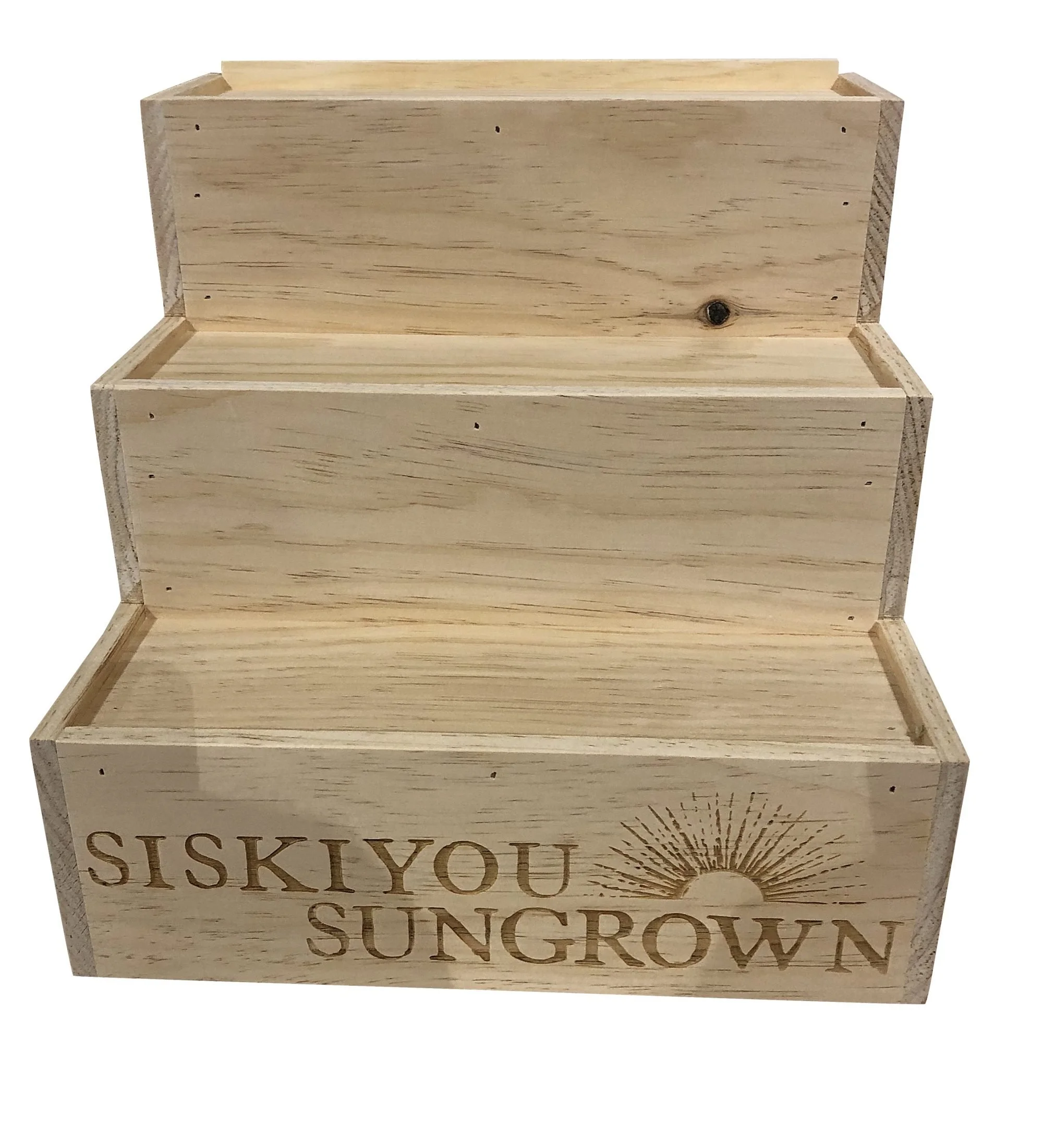 Three-step pine countertop display with etched front