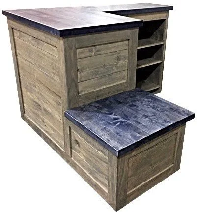 Rustic cash wrap counter with dark top, check-out side