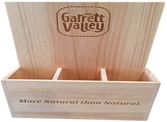 Three-compartment pine countertop display with etched logo