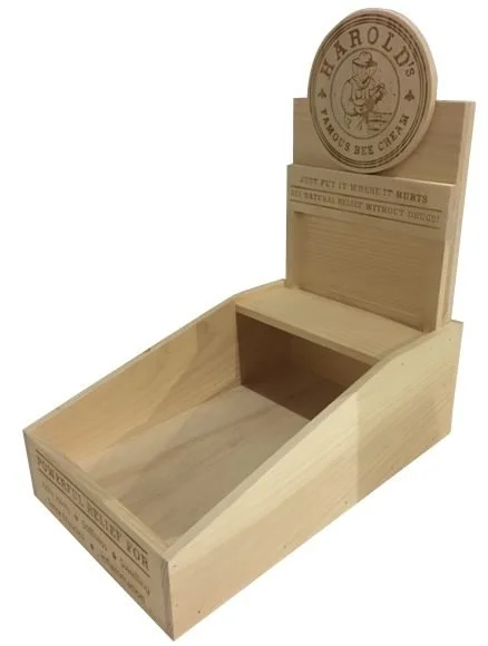 Pine bin countertop display with round etched header