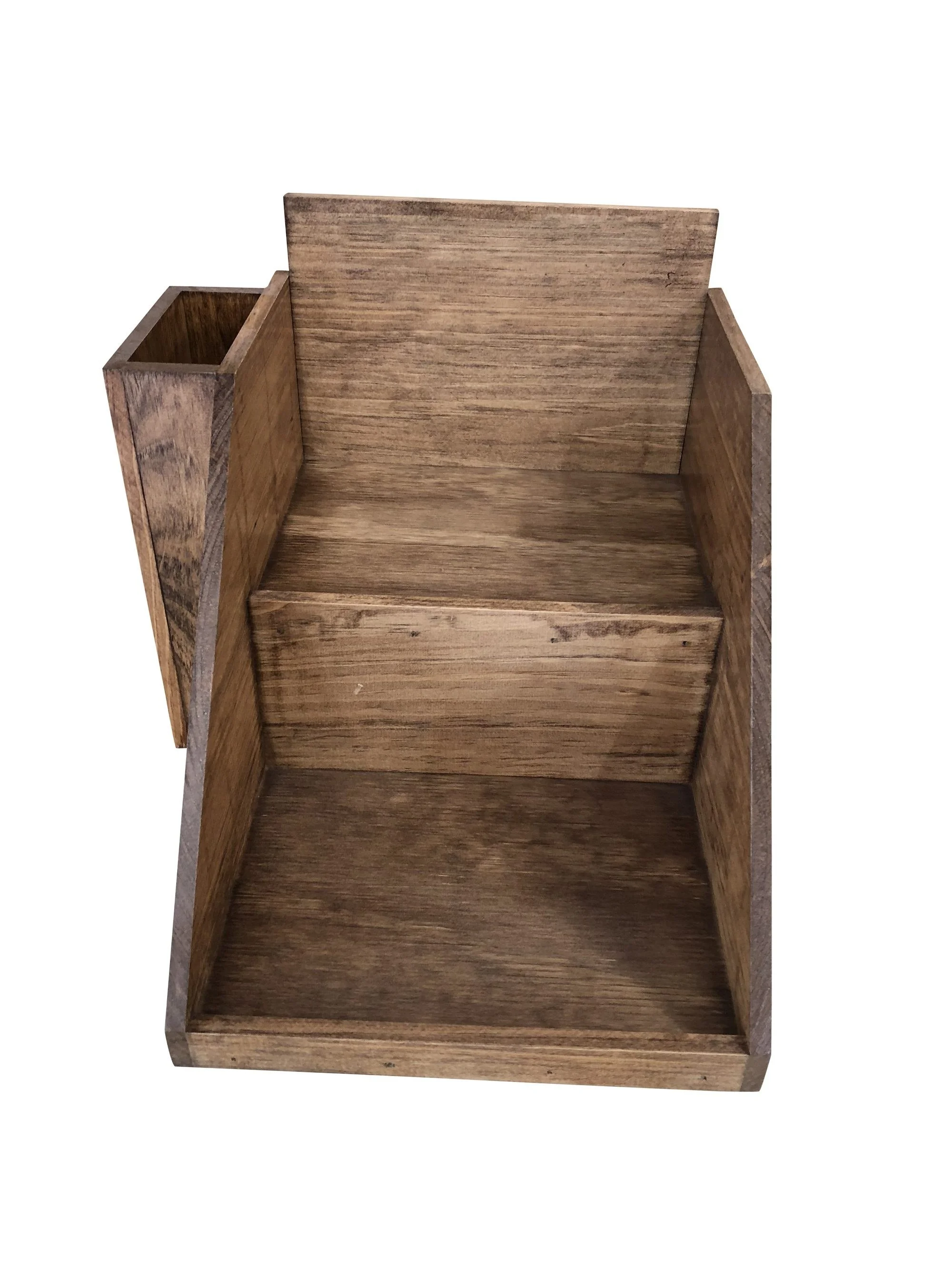 Stained two-shelf countertop display with brochure pocket