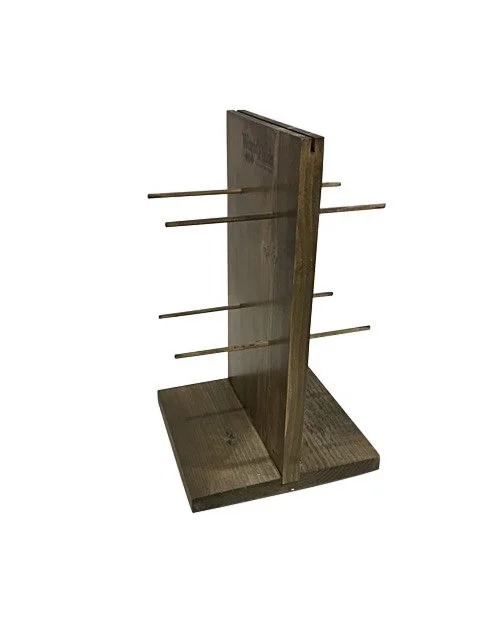 Hanging peg jewelry display on a stained wood stand