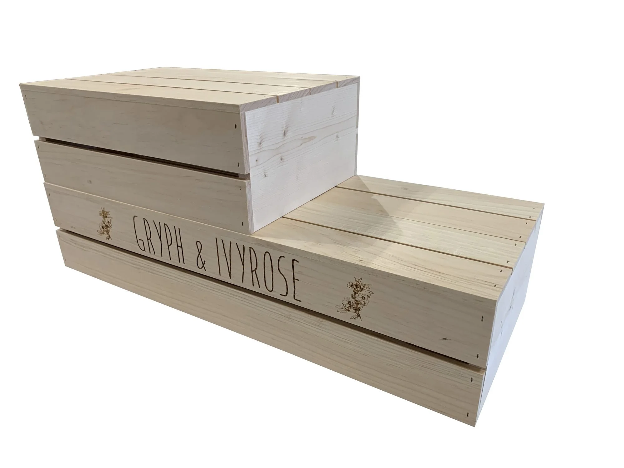 Pine stepped countertop crate display with etched branding