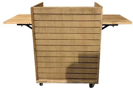 Rolling slatted checkout counter with fold-down side wings