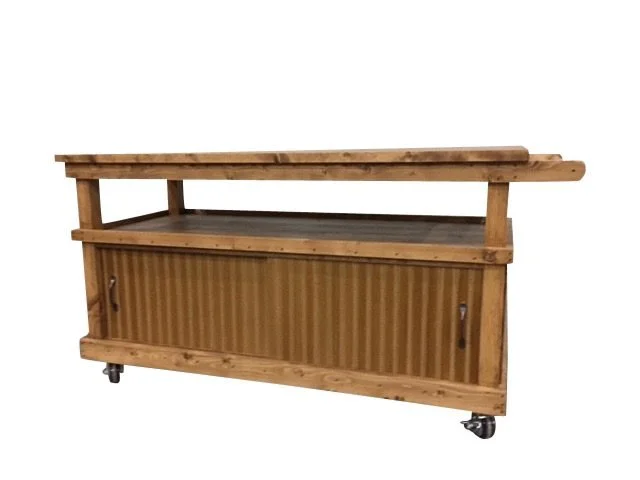 Extra-long rolling cart with countertop and cabinet storage