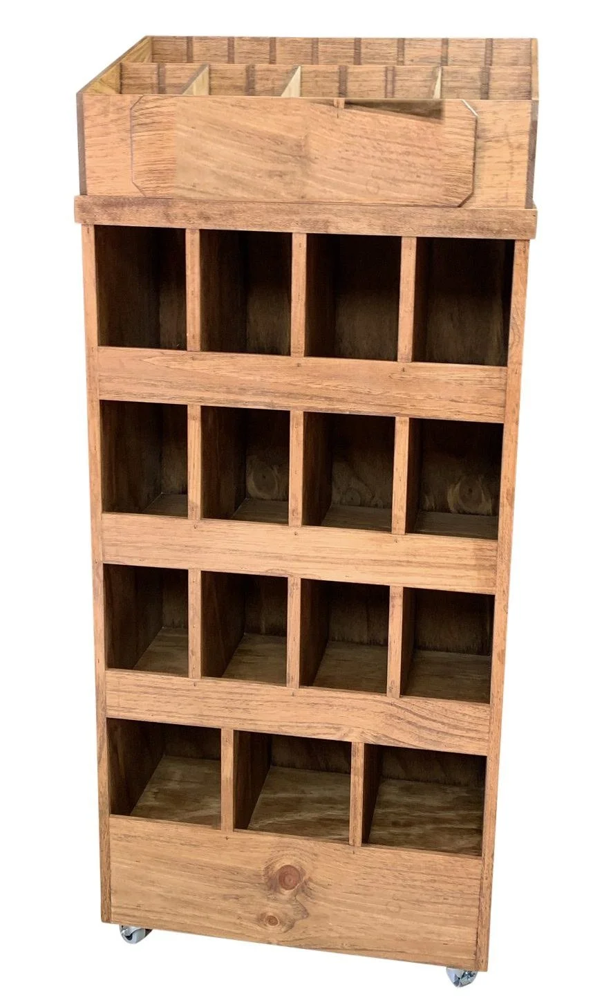 Wood cubby dump-bin display for toys and impulse items