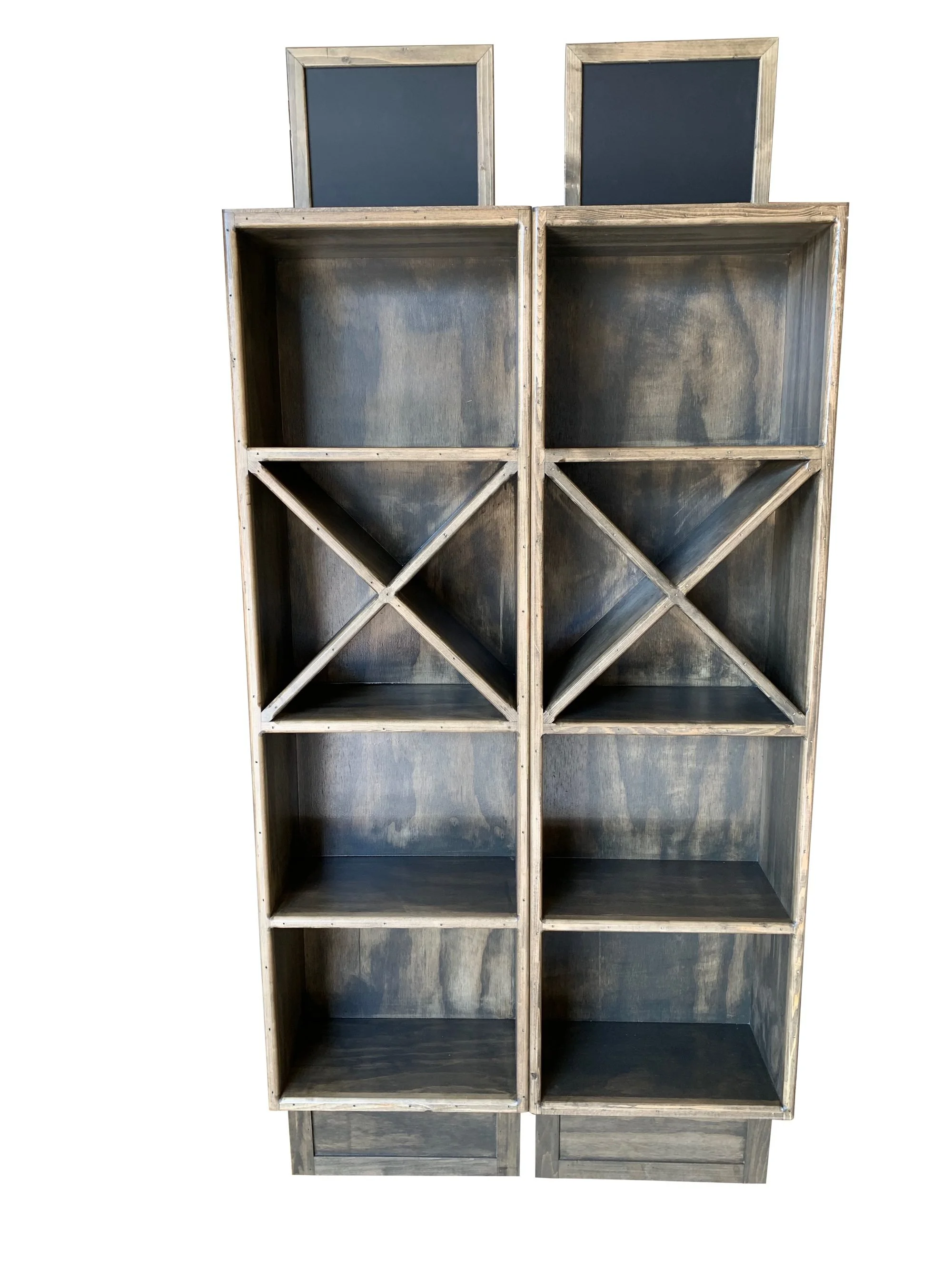 Stained wine display with X-shaped bottle cubbies and chalkboard headers