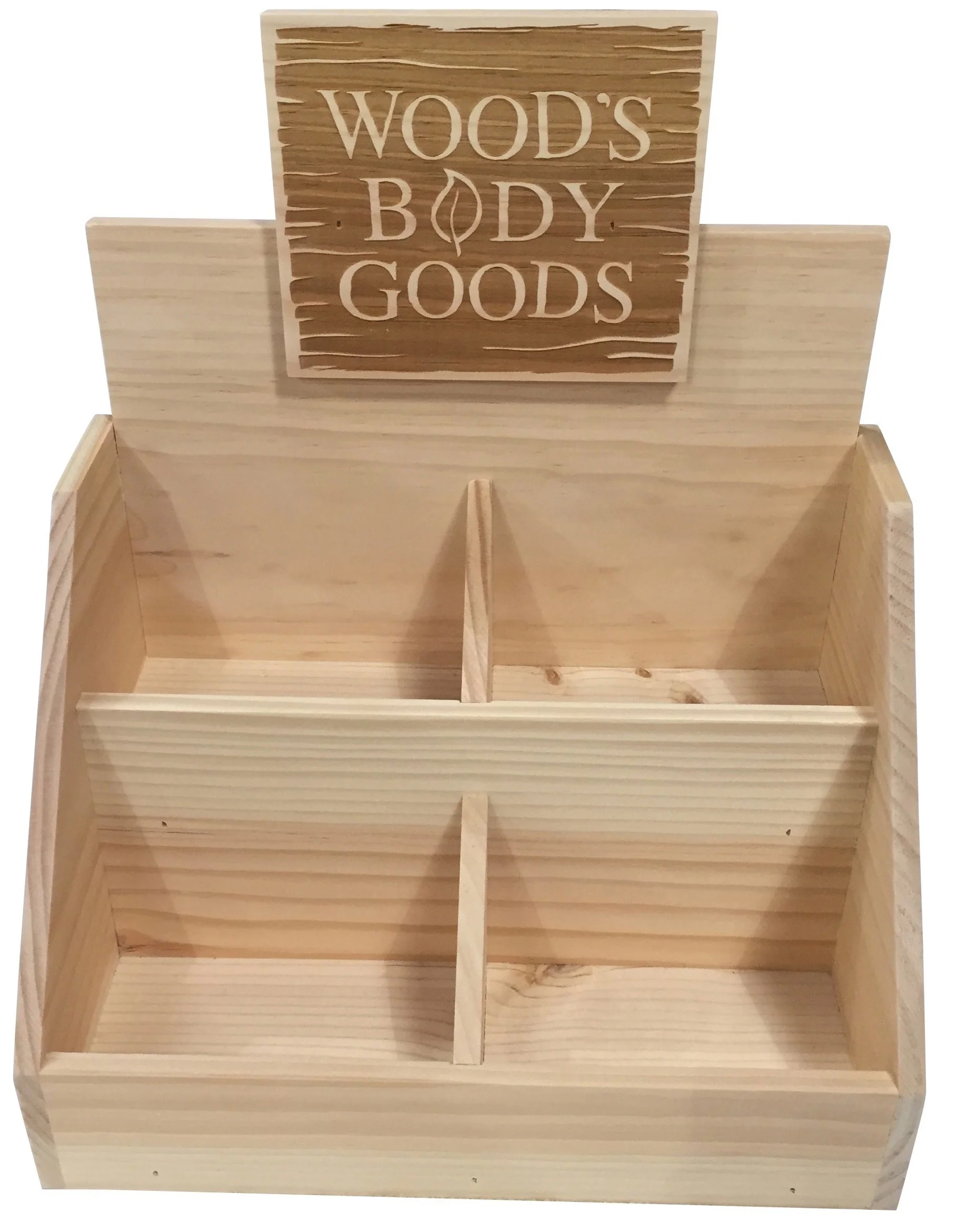 Four-compartment pine countertop display with etched header
