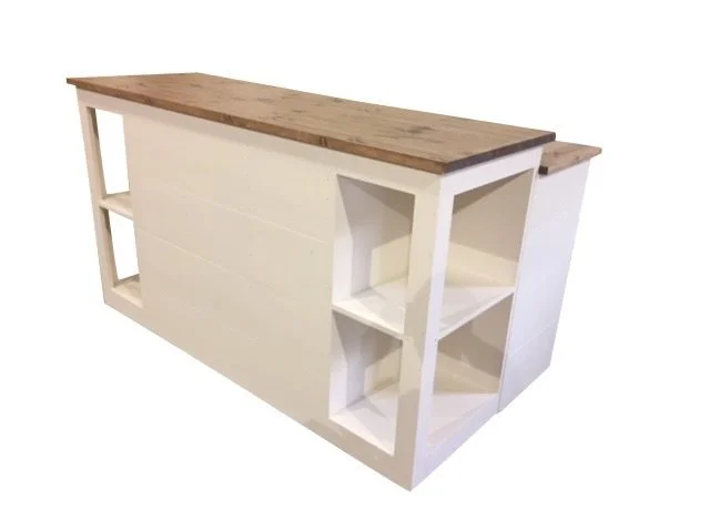 White sales counter with corner shelves and walnut top