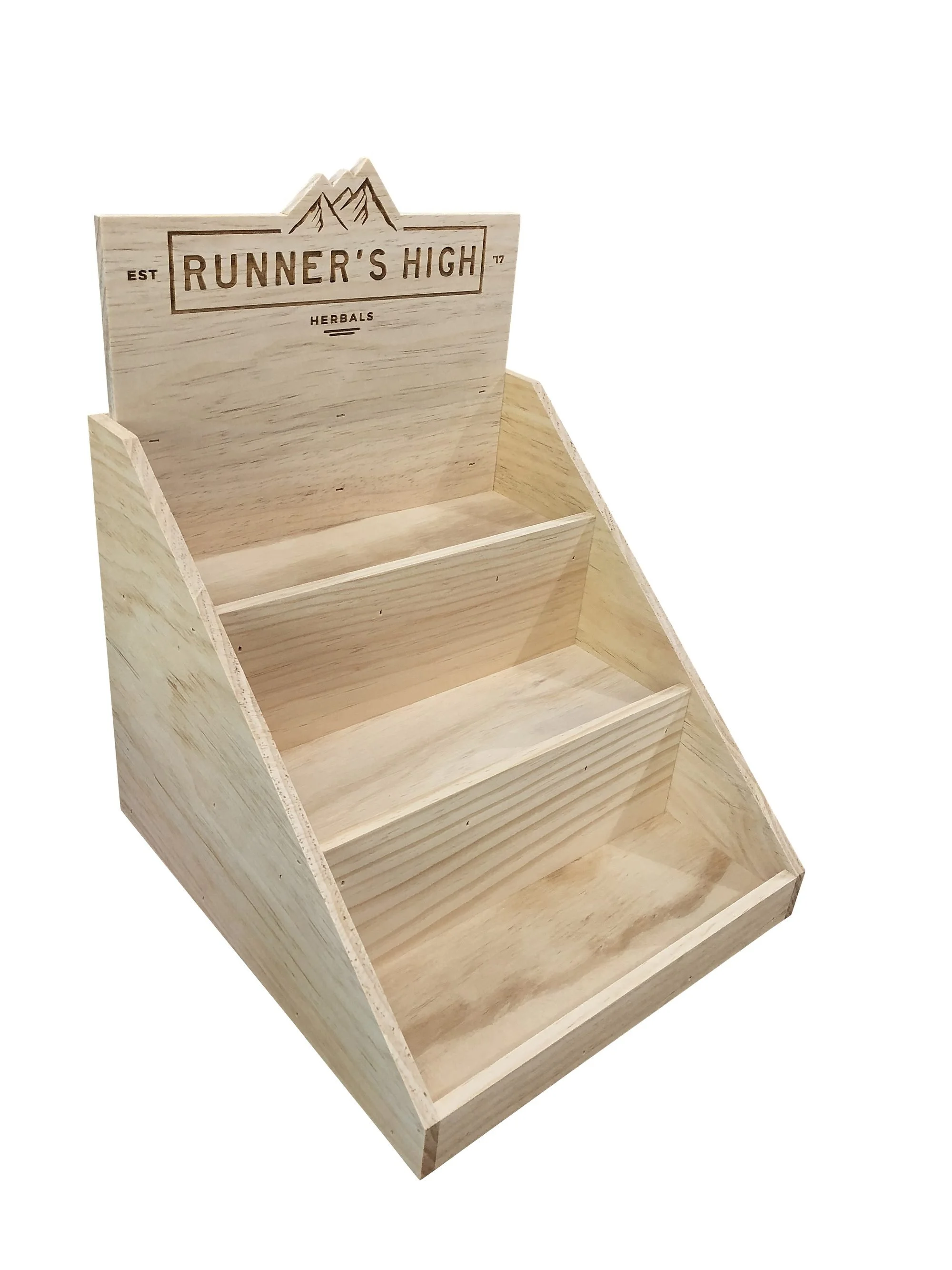 Three-tier pine countertop display with etched header