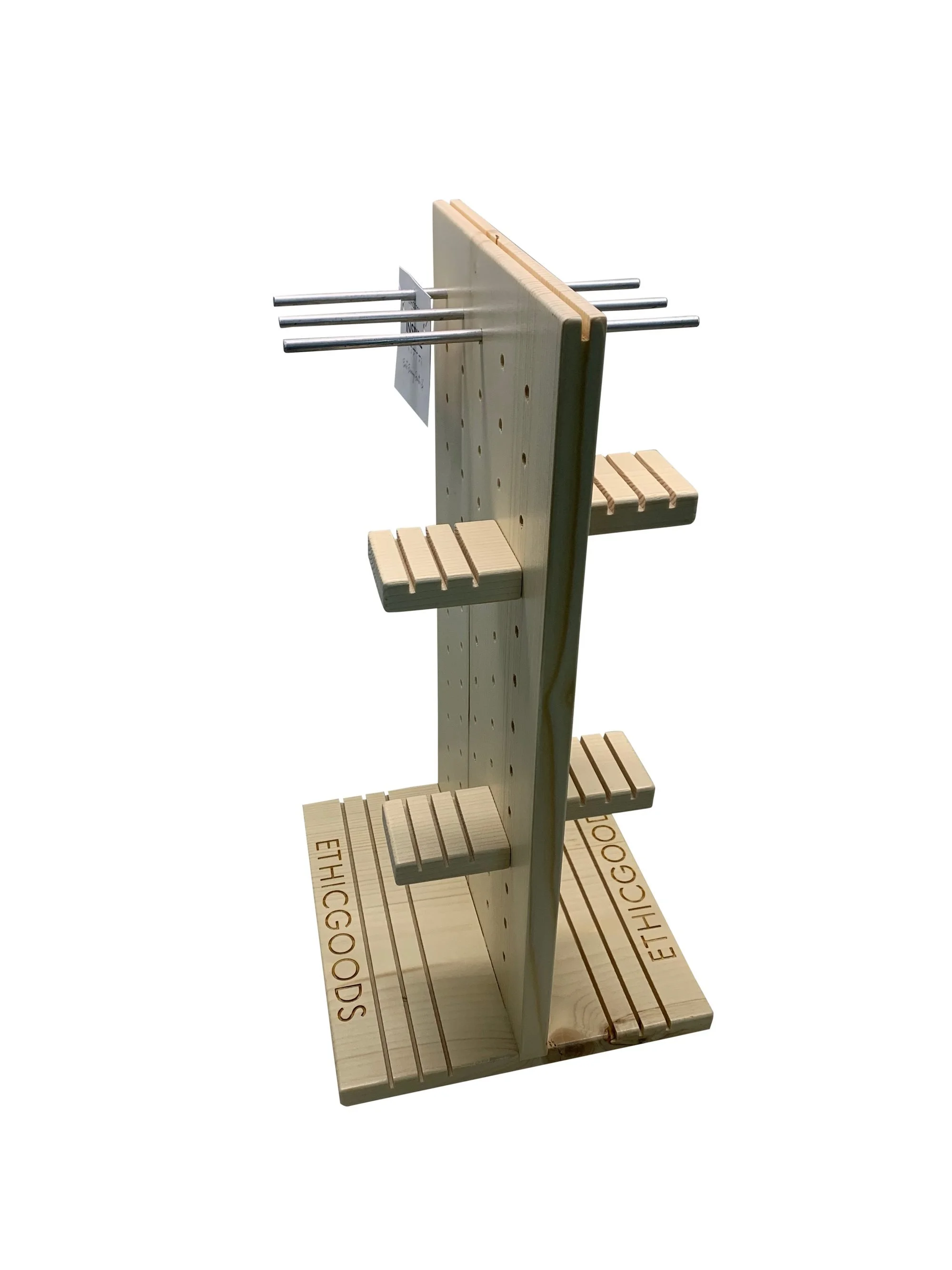 Countertop jewelry display with peg arms and small shelves