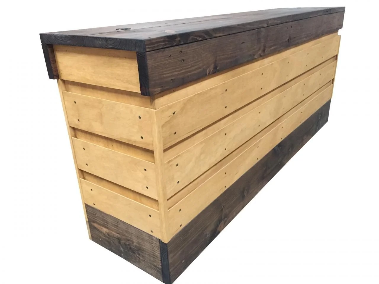 Industrial cash wrap with mixed light and dark slat boards