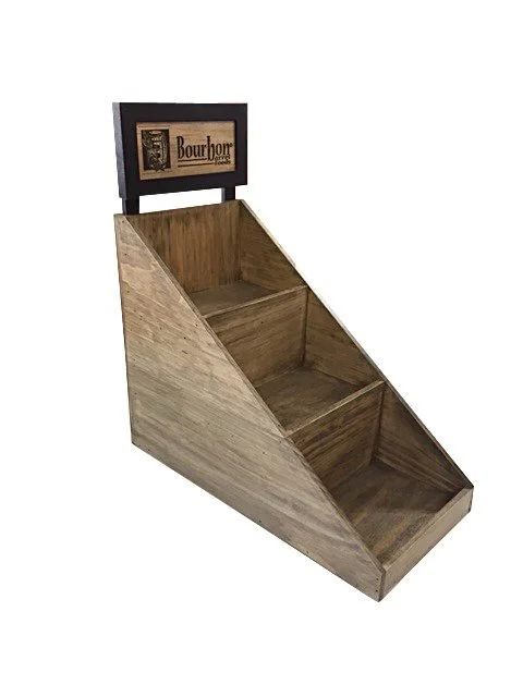 Angled stained countertop bin with small header sign