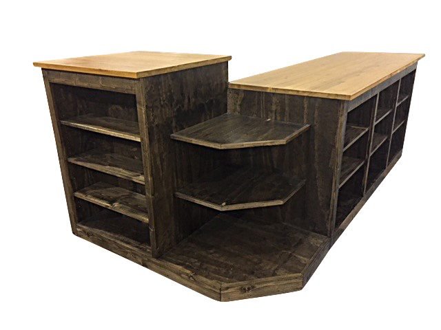 Dark stained L-shaped cash wrap with corner shelves