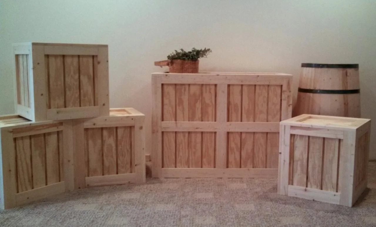 Set of country store style pine display crates in several sizes for a trade show