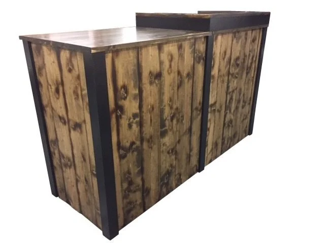 Torched wood cash wrap counter with black trim