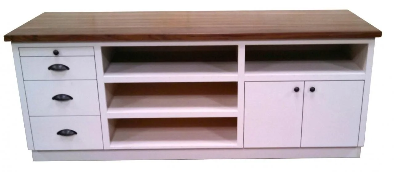 Cream sales counter with drawers, cabinets and butcher block top