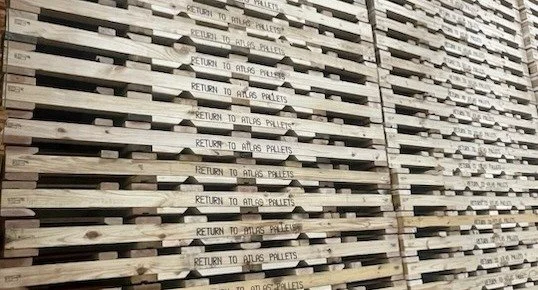 Rows of Atlas 104 by 96 returnable pallets, each board stenciled RETURN TO ATLAS PALLETS