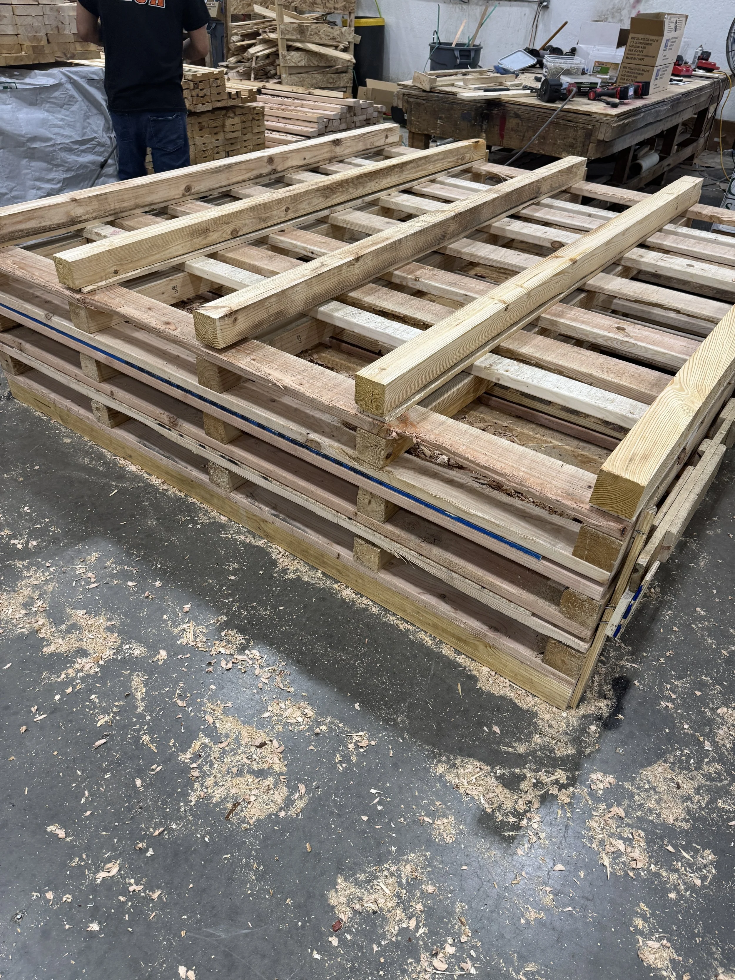 Close-up of the reinforced runners on an Atlas 104 by 96 inch heavy-duty pallet