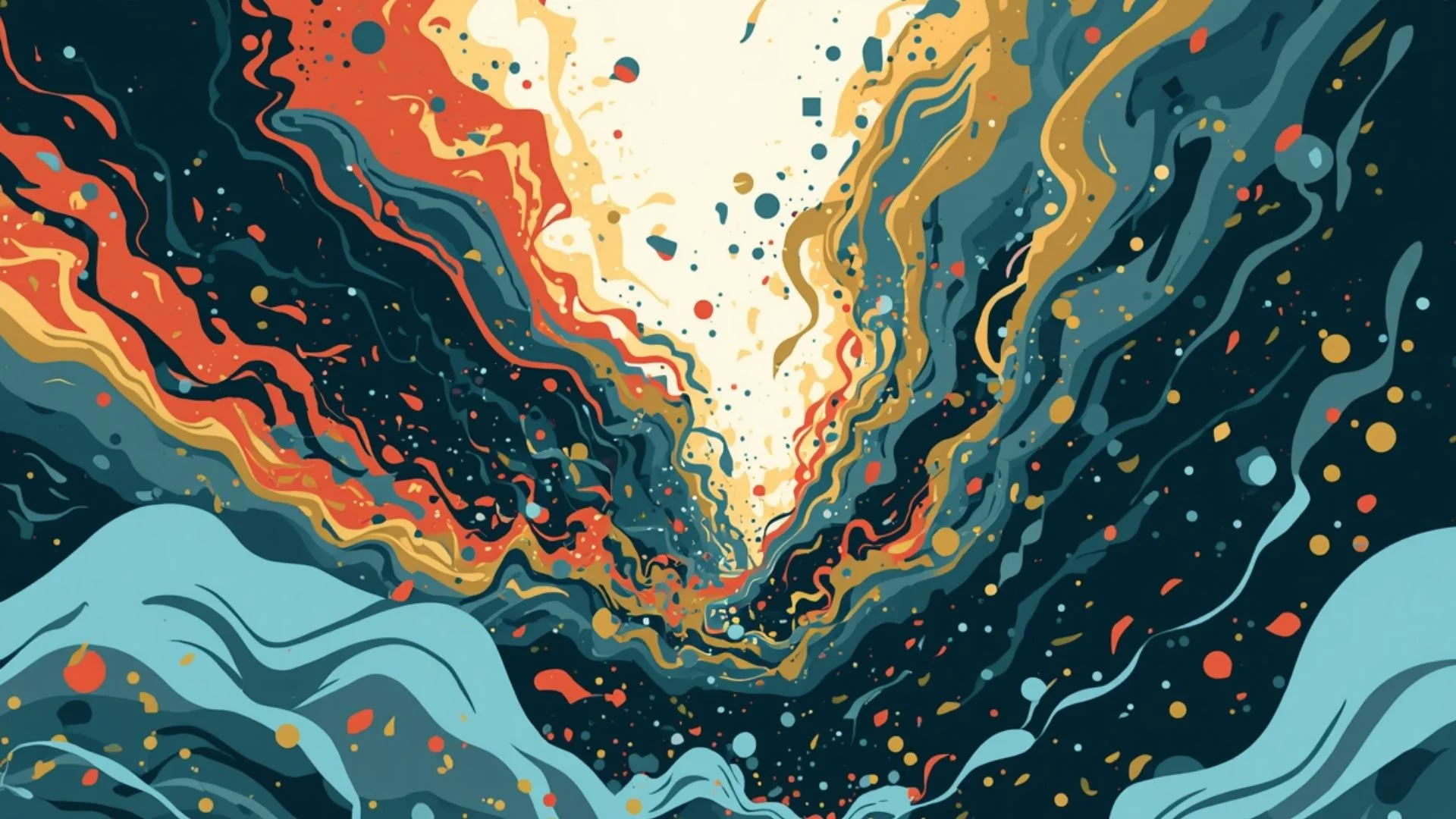 Abstract colorful swirling patterns with a central light beam, resembling a cosmic or galactic scene with shades of blue, red, orange, yellow, and white.