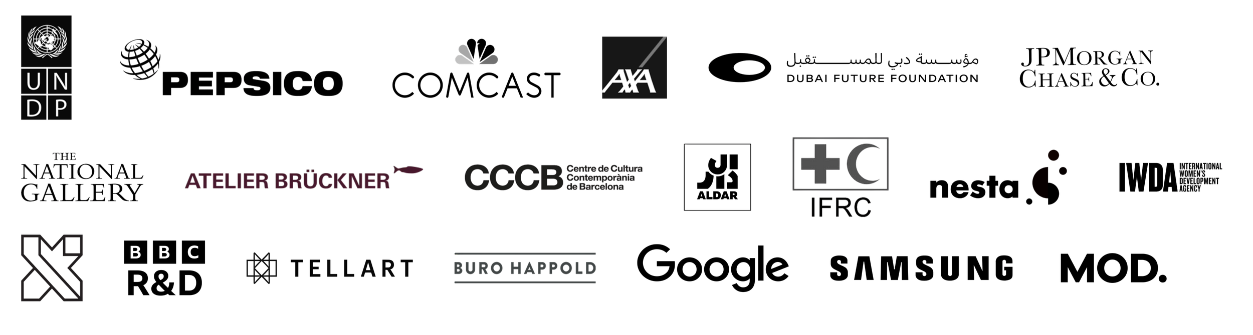 A digital poster with multiple organization logos including United Nations Development Programme, AXA, Centre de Culture Contemporaine, IFRC, and others, set against a black background.